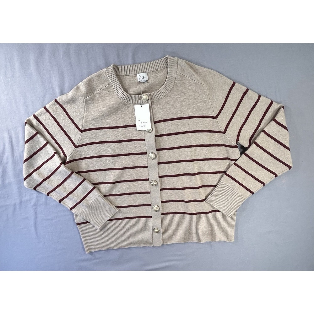 A New Day Striped Cardigan Lady Jacket taupe and burgundy Women's Large New